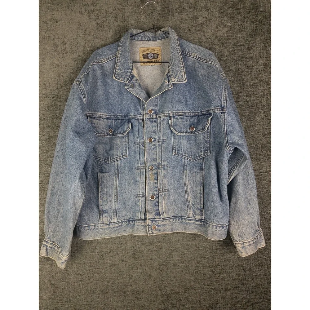 80s/90s VTG Levis Silver Tab Denim Jacket‎ Mens L Light Wash Trucker Back Buckle